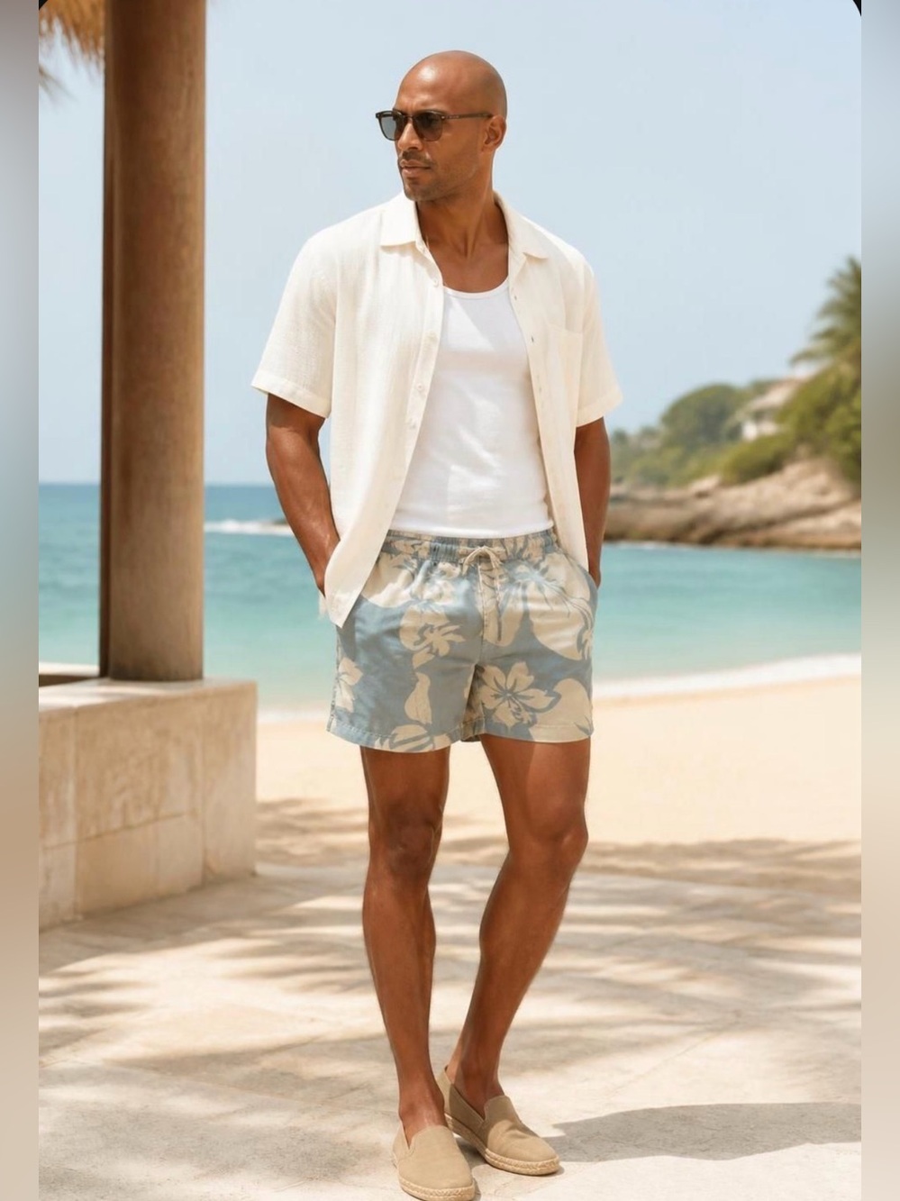 Men's Light Blue Floral Swim Bermudas with Drawstring